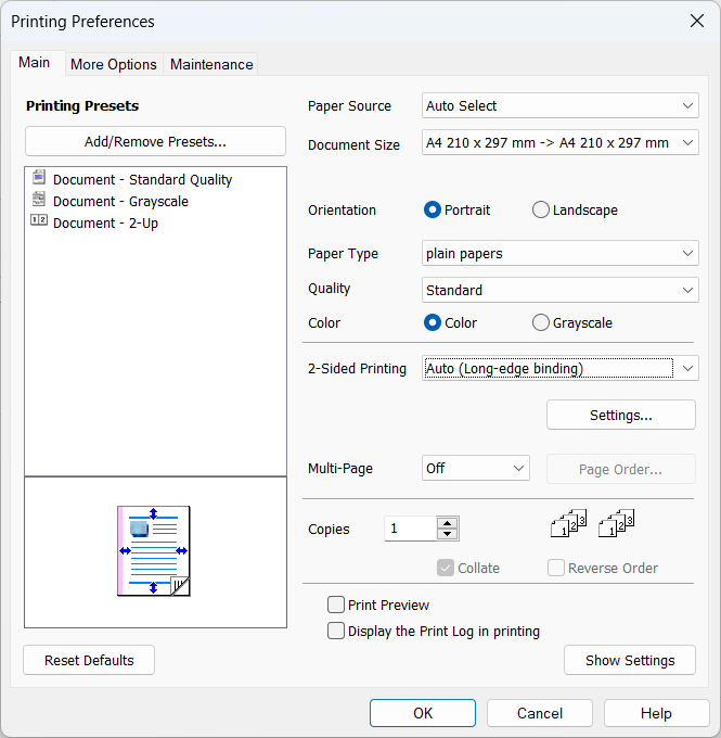 Full featured printer driver